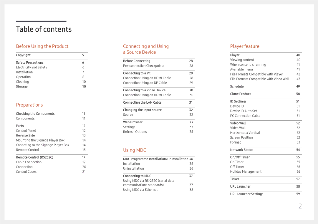 Samsung SBB-SS08FL1/XY, SBB-SS08FL1/EN, SBB-SS08FL1/NG manual Table of contents 