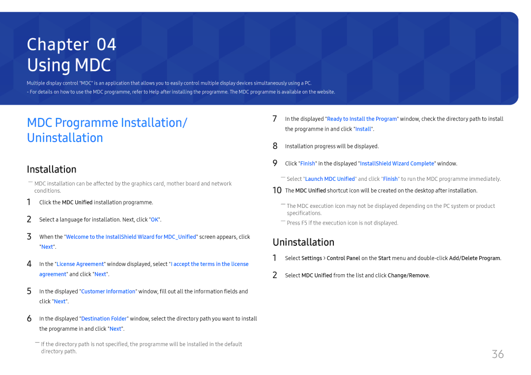 Samsung SBB-SS08FL1/EN, SBB-SS08FL1/NG, SBB-SS08FL1/XY manual Using MDC, MDC Programme Installation Uninstallation 