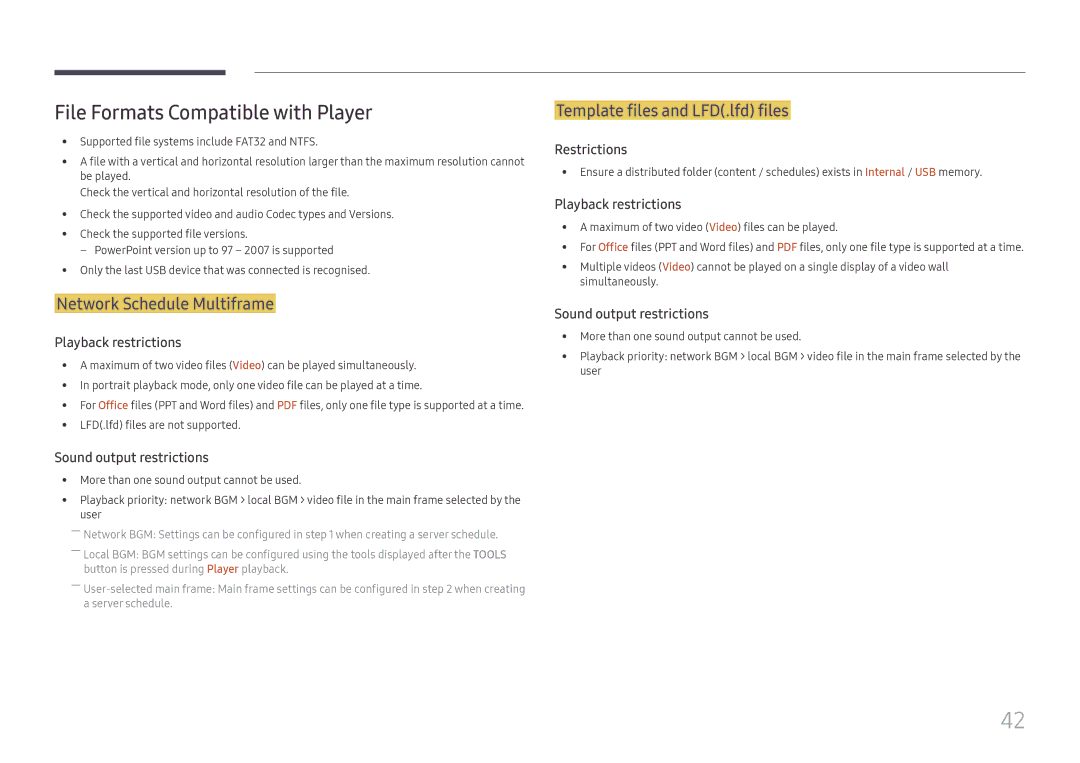 Samsung SBB-SS08FL1/EN File Formats Compatible with Player, Network Schedule Multiframe, Template files and LFD.lfd files 