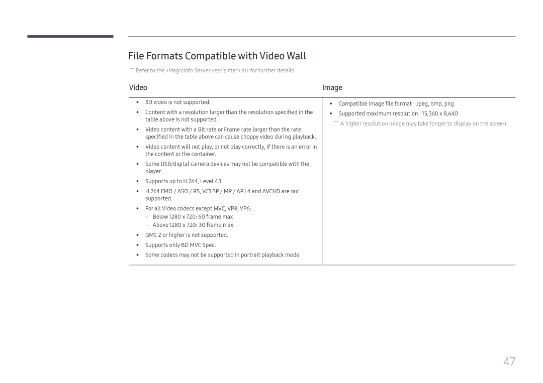 Samsung SBB-SS08FL1/XY, SBB-SS08FL1/EN, SBB-SS08FL1/NG manual File Formats Compatible with Video Wall 