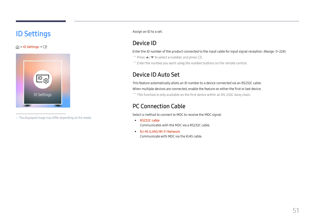 Samsung SBB-SS08FL1/EN, SBB-SS08FL1/NG, SBB-SS08FL1/XY manual ID Settings, Device ID Auto Set, PC Connection Cable 