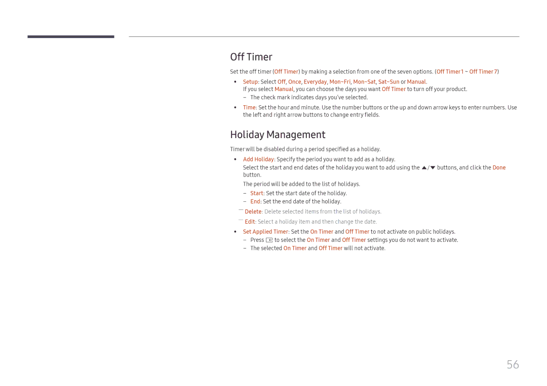 Samsung SBB-SS08FL1/XY, SBB-SS08FL1/EN, SBB-SS08FL1/NG manual Off Timer, Holiday Management 