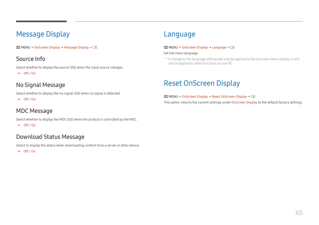 Samsung SBB-SS08FL1/XY, SBB-SS08FL1/EN, SBB-SS08FL1/NG manual Message Display, Language, Reset OnScreen Display 