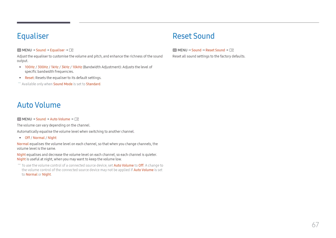 Samsung SBB-SS08FL1/NG, SBB-SS08FL1/EN, SBB-SS08FL1/XY manual Equaliser Reset Sound, Auto Volume 