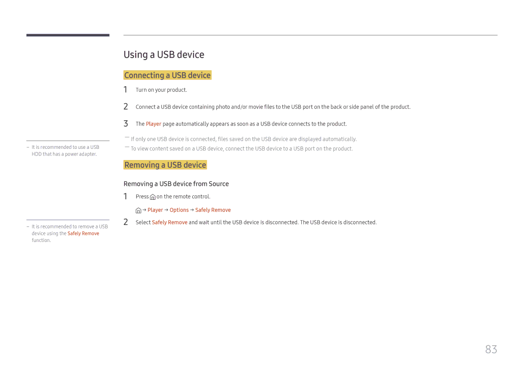 Samsung SBB-SS08FL1/XY, SBB-SS08FL1/EN, SBB-SS08FL1/NG Using a USB device, Connecting a USB device, Removing a USB device 