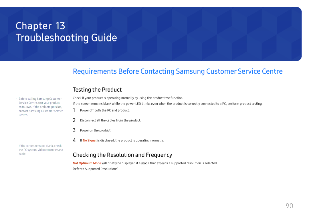 Samsung SBB-SS08FL1/EN, SBB-SS08FL1/NG Troubleshooting Guide, Testing the Product, Checking the Resolution and Frequency 