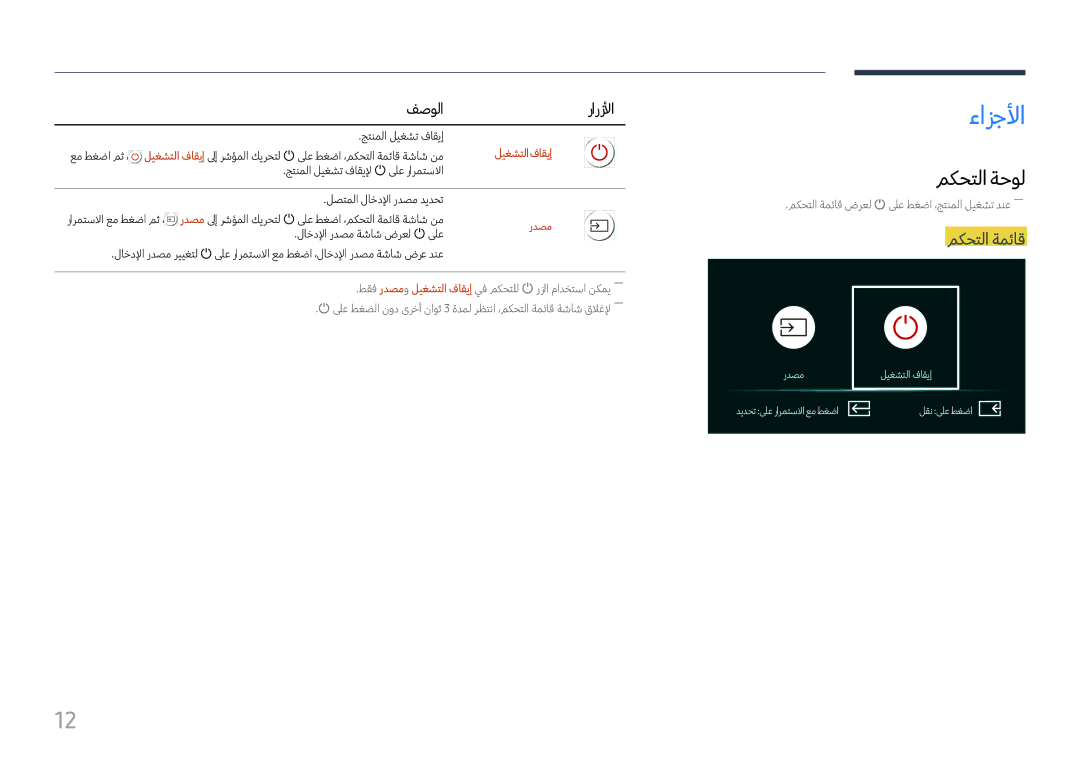 Samsung SBB-SS08FL1/EN, SBB-SS08FL1/NG manual ءازجلأا, مكحتلا ةحول, مكحتلا ةمئاق, فصولا رارزلأا, ليغشتلا فاقيإ 