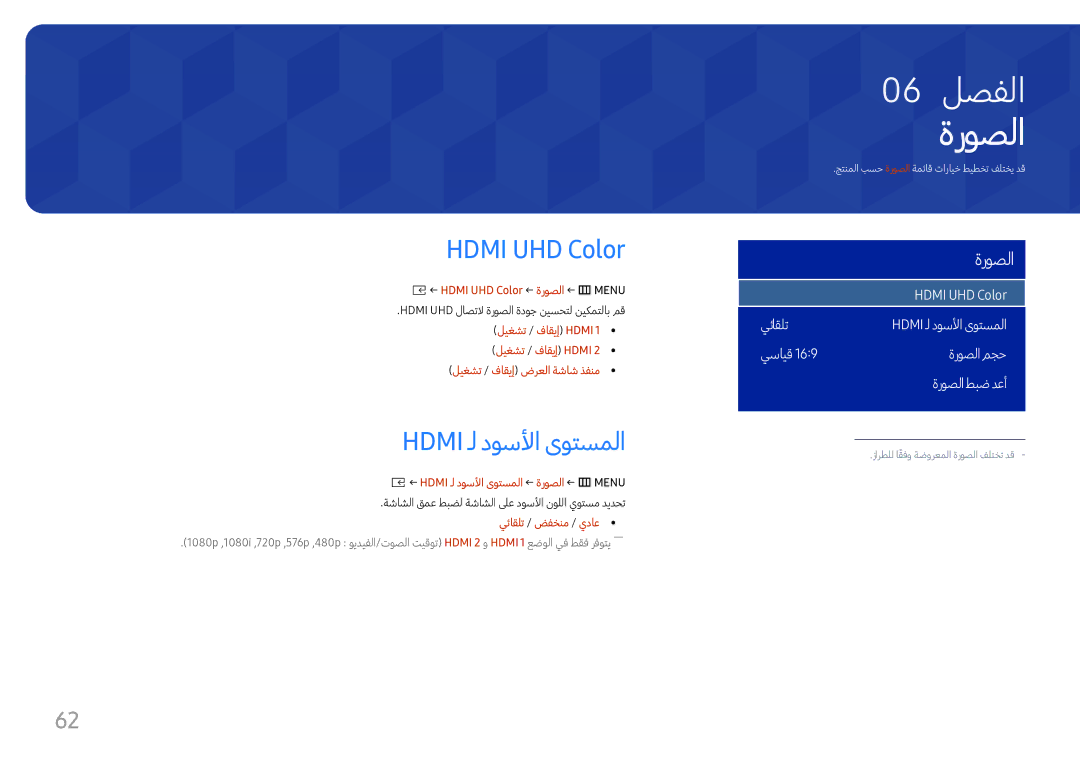 Samsung SBB-SS08FL1/EN, SBB-SS08FL1/NG manual ةروصلا, Hdmi UHD Color, Hdmi ـل دوسلأا ىوتسملا 