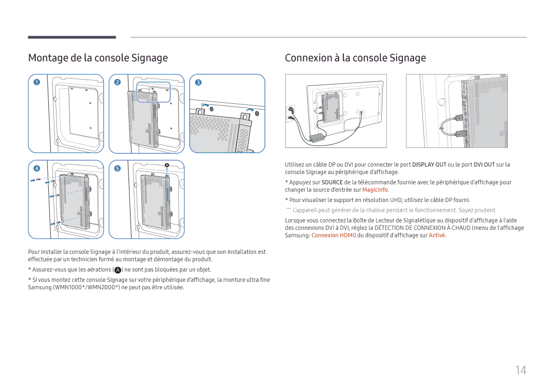 Samsung SBB-SS08FL1/EN manual Montage de la console Signage, Connexion à la console Signage 