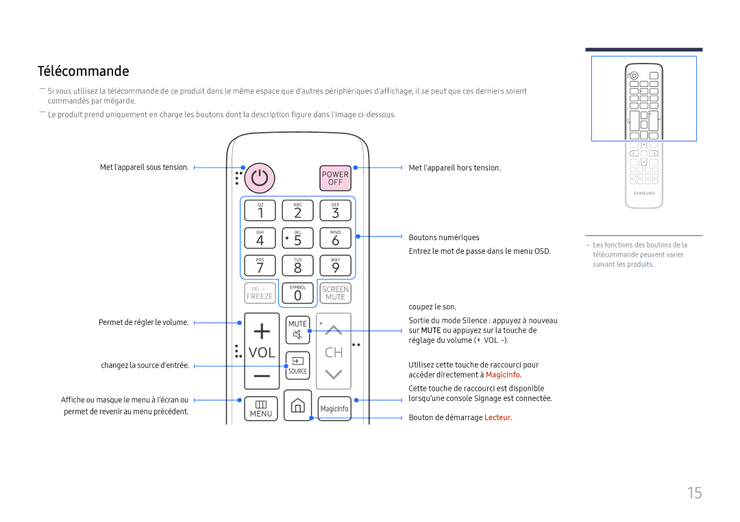 Samsung SBB-SS08FL1/EN manual Télécommande, Bouton de démarrage Lecteur 