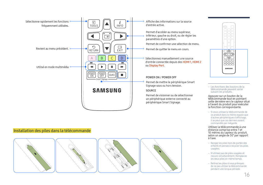 Samsung SBB-SS08FL1/EN Installation des piles dans la télécommande, Revient au menu précédent Utilisé en mode multimédia 