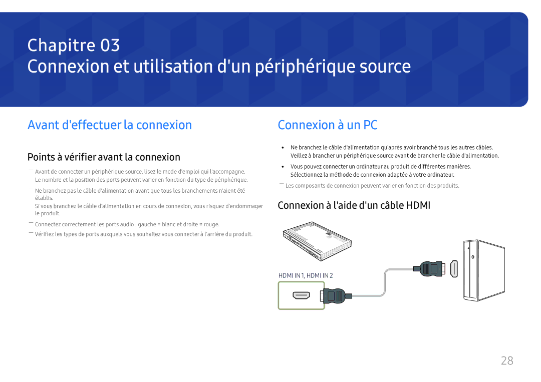 Samsung SBB-SS08FL1/EN manual Connexion et utilisation dun périphérique source, Avant deffectuer la connexion 