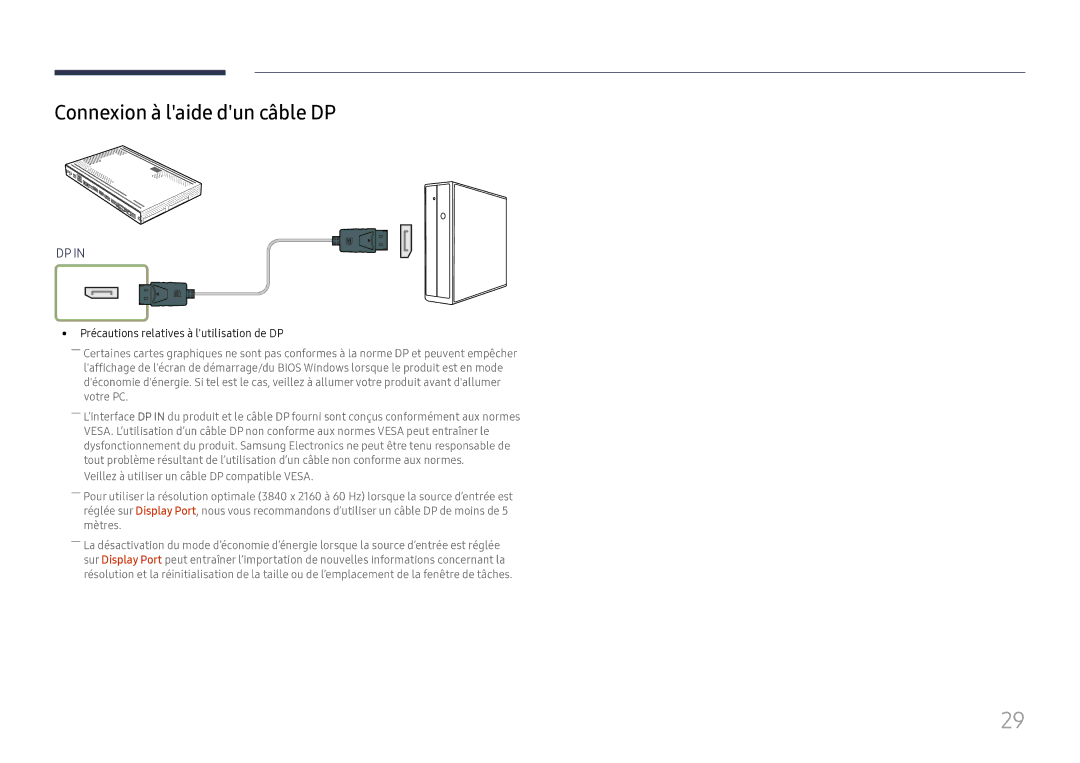 Samsung SBB-SS08FL1/EN manual Connexion à laide dun câble DP, Précautions relatives à lutilisation de DP 