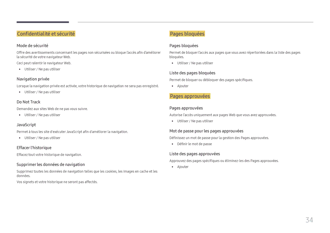 Samsung SBB-SS08FL1/EN manual Confidentialité et sécurité, Pages bloquées, Pages approuvées 