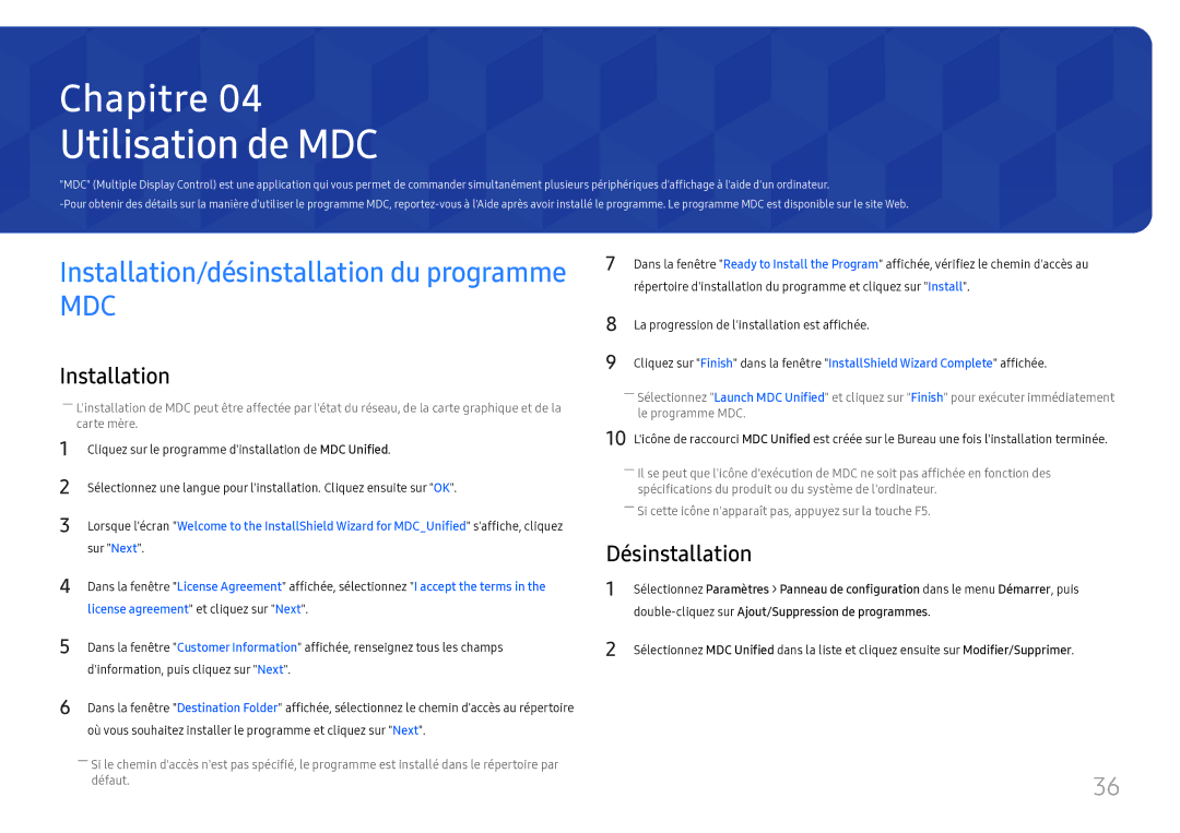 Samsung SBB-SS08FL1/EN manual Utilisation de MDC, Désinstallation, Double-cliquez sur Ajout/Suppression de programmes 