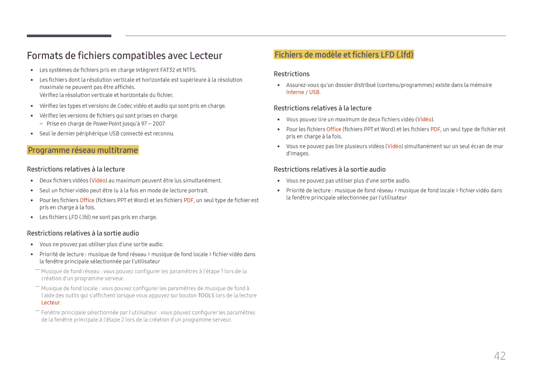 Samsung SBB-SS08FL1/EN manual Formats de fichiers compatibles avec Lecteur, Programme réseau multitrame 