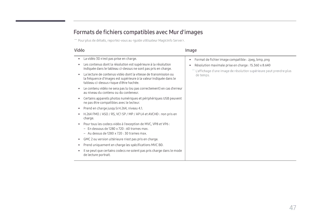 Samsung SBB-SS08FL1/EN manual Formats de fichiers compatibles avec Mur dimages, Vidéo, La vidéo 3D nest pas prise en charge 