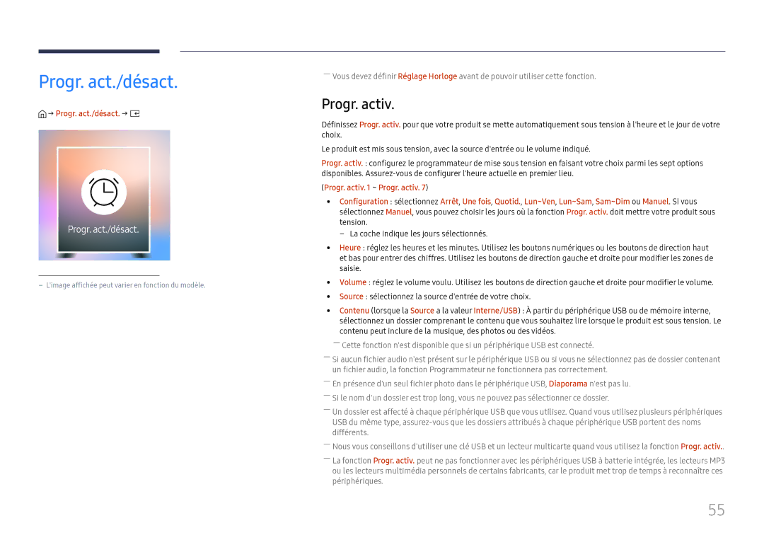 Samsung SBB-SS08FL1/EN manual Progr. activ, → Progr. act./désact. → E 