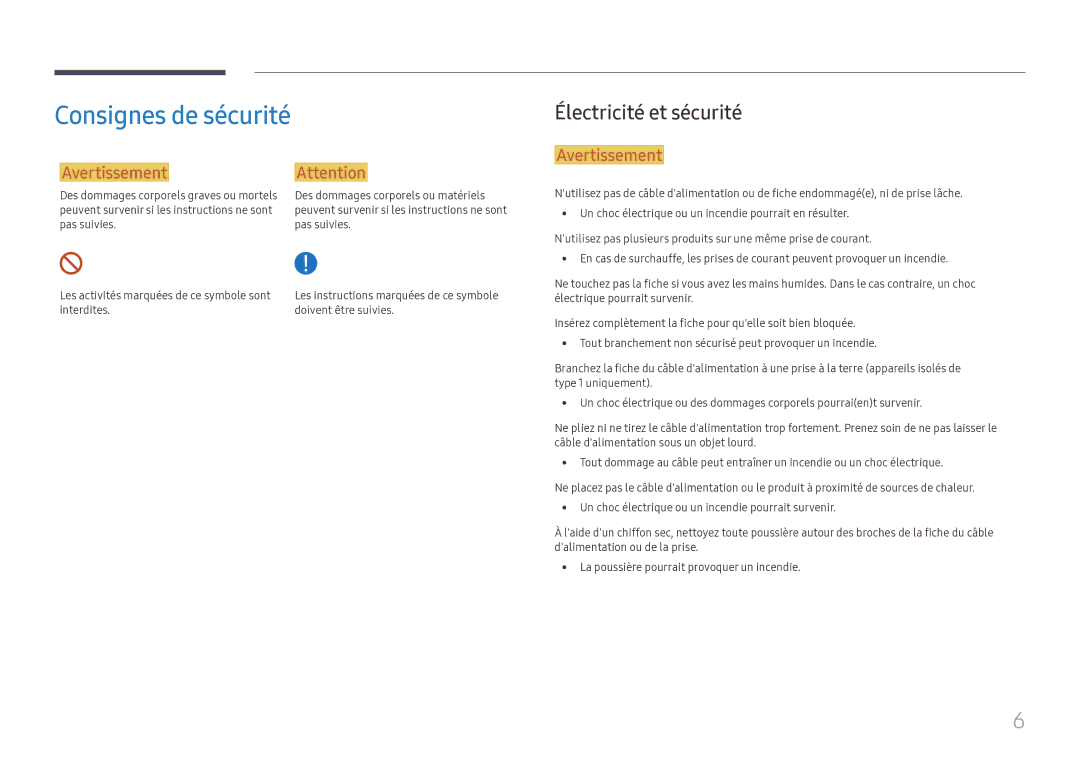 Samsung SBB-SS08FL1/EN manual Consignes de sécurité, Électricité et sécurité 