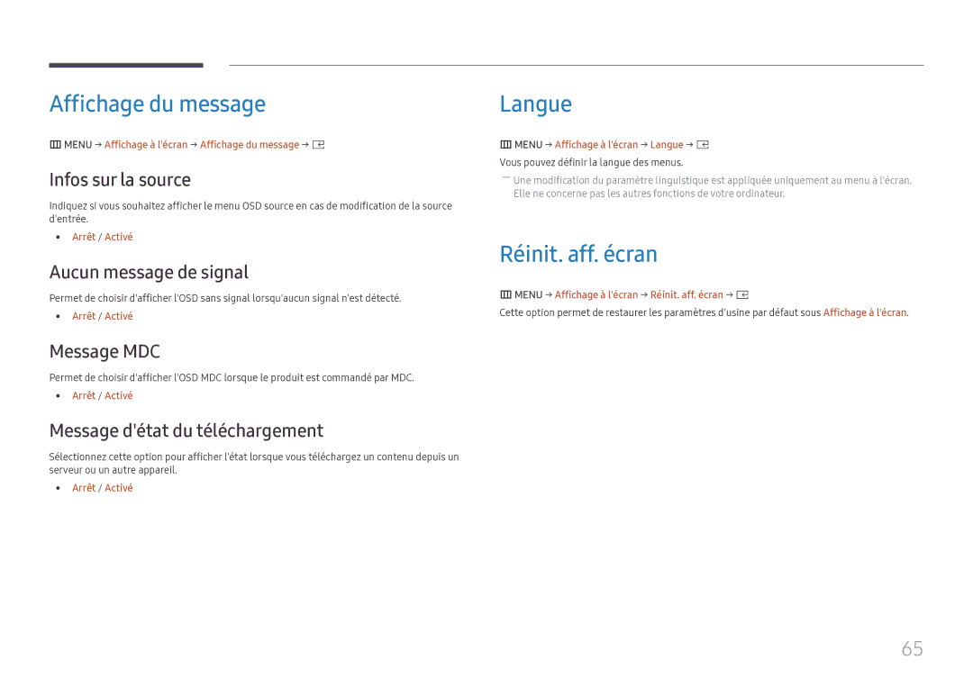 Samsung SBB-SS08FL1/EN manual Affichage du message, Langue, Réinit. aff. écran 