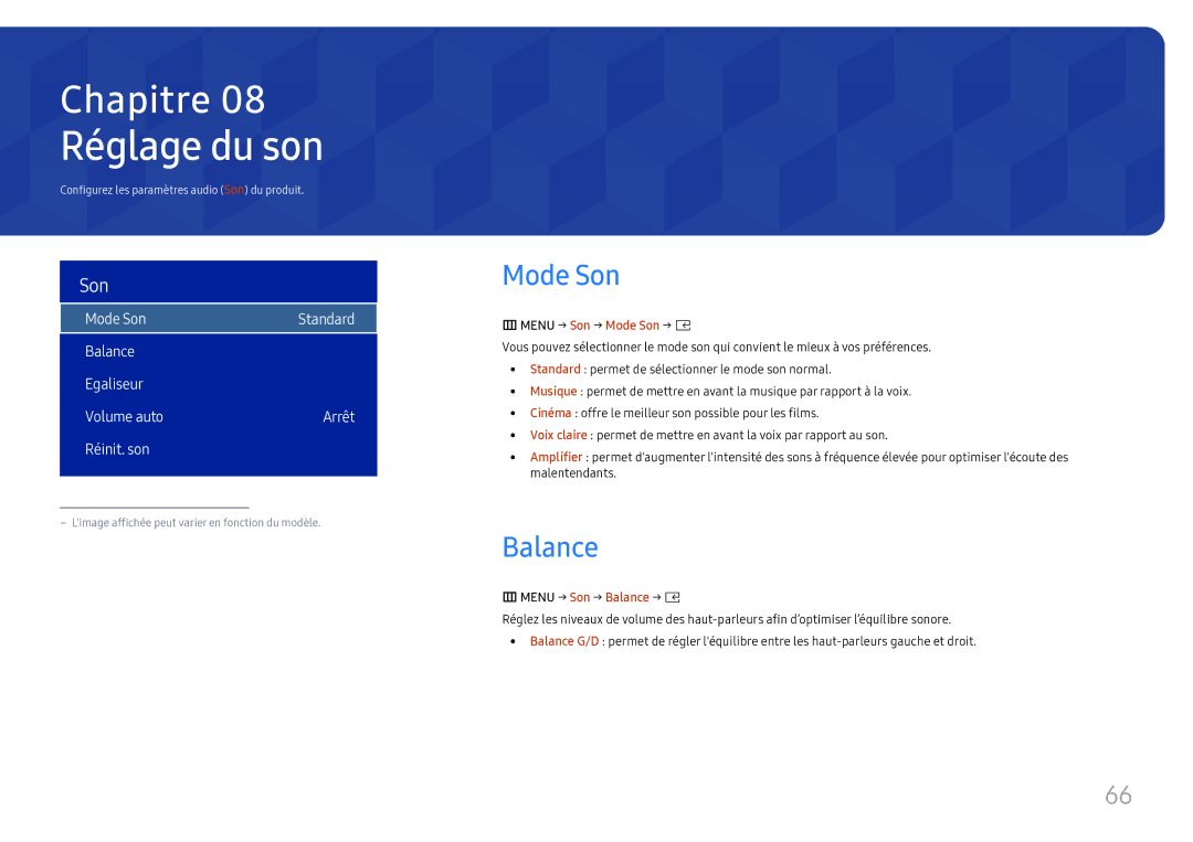 Samsung SBB-SS08FL1/EN manual Réglage du son, Menu → Son → Mode Son → E, Menu → Son → Balance → E 