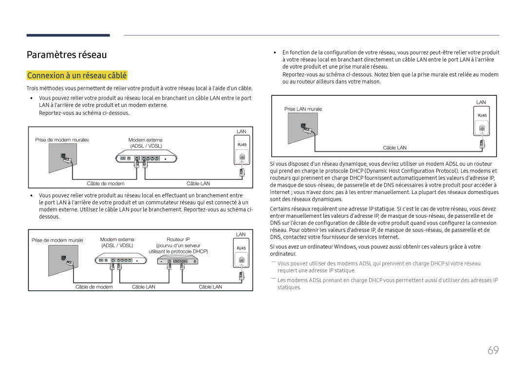 Samsung SBB-SS08FL1/EN manual Paramètres réseau, Connexion à un réseau câblé 