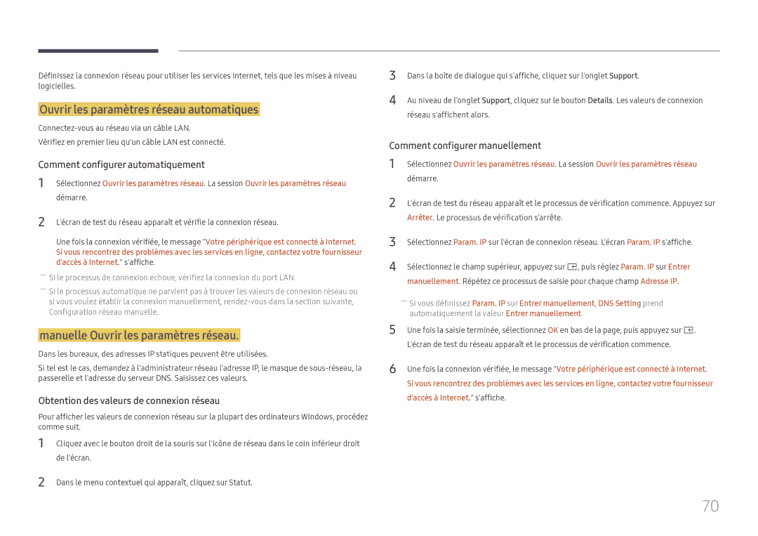 Samsung SBB-SS08FL1/EN manual Ouvrir les paramètres réseau automatiques, Manuelle Ouvrir les paramètres réseau, Démarre 