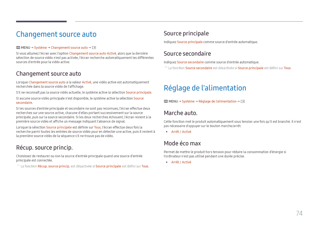 Samsung SBB-SS08FL1/EN manual Changement source auto, Réglage de lalimentation 