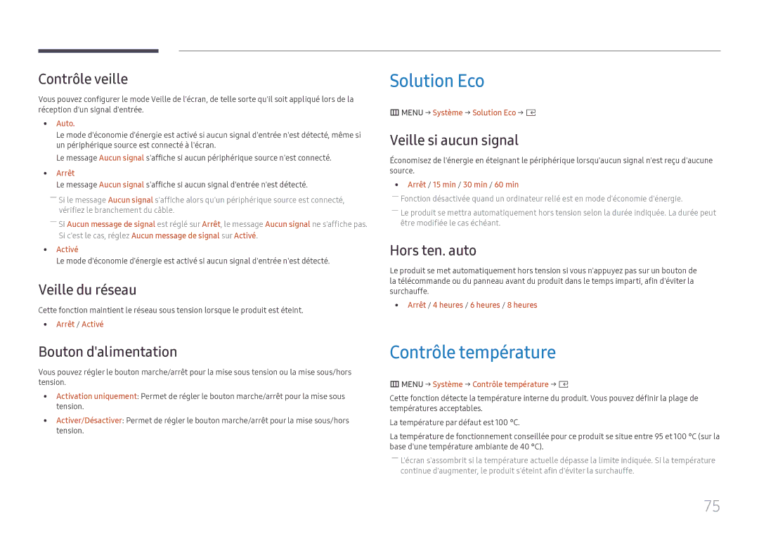 Samsung SBB-SS08FL1/EN manual Solution Eco, Contrôle température 