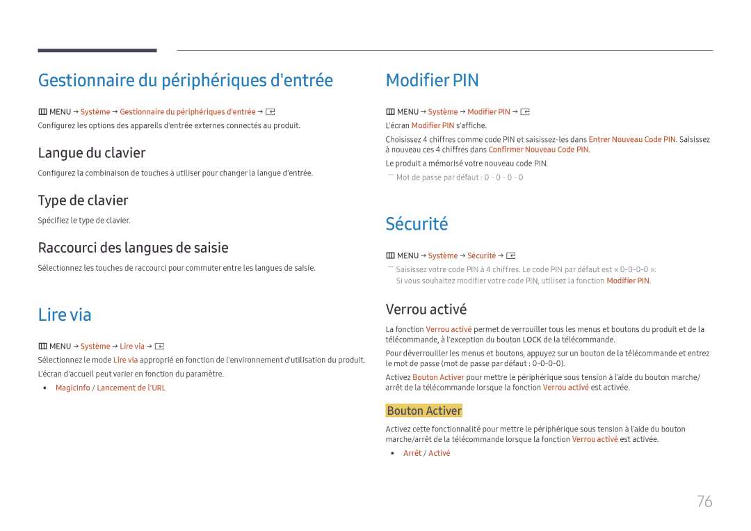 Samsung SBB-SS08FL1/EN manual Gestionnaire du périphériques dentrée, Modifier PIN, Sécurité, Lire via 