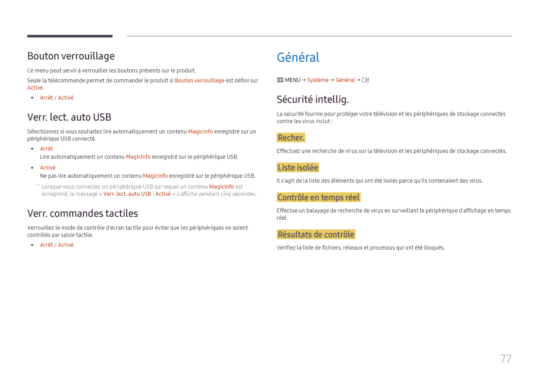 Samsung SBB-SS08FL1/EN Général, Bouton verrouillage, Verr. lect. auto USB, Verr. commandes tactiles, Sécurité intellig 