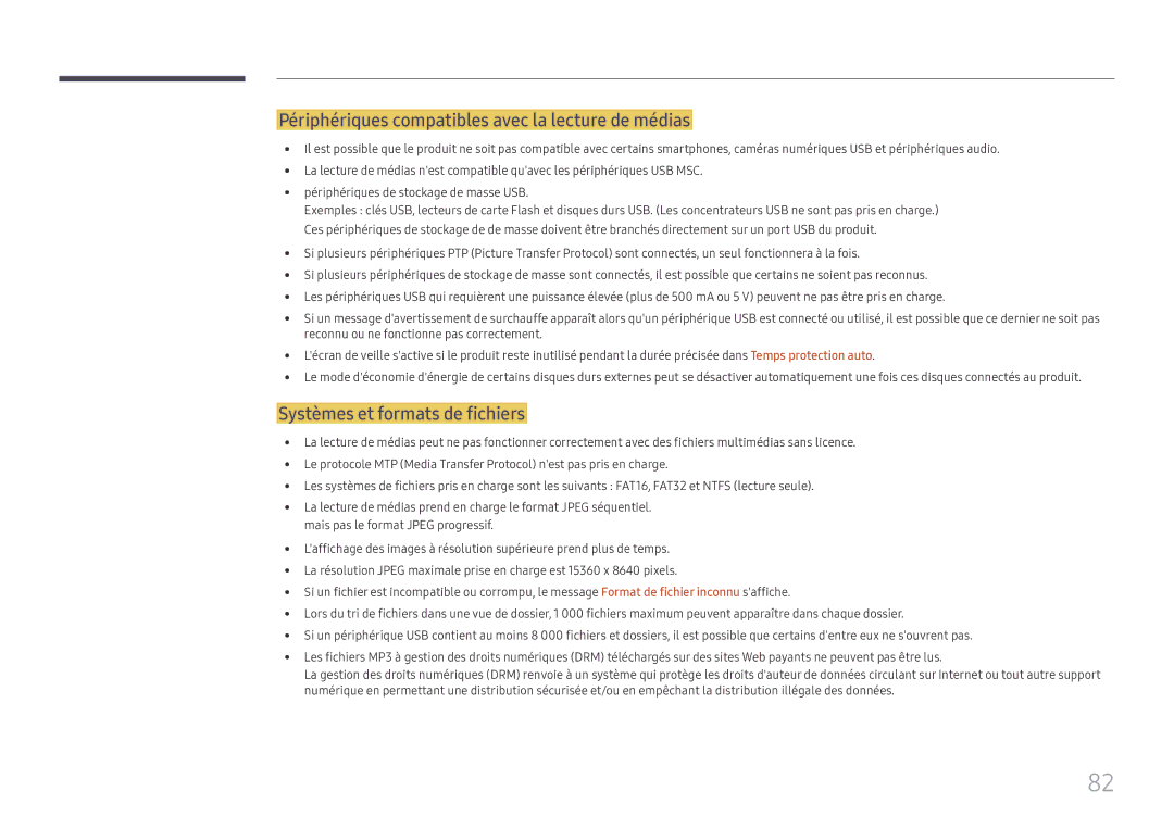 Samsung SBB-SS08FL1/EN manual Périphériques compatibles avec la lecture de médias, Systèmes et formats de fichiers 