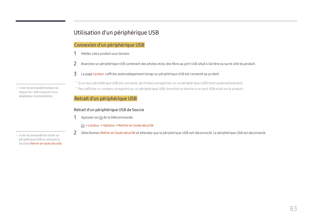 Samsung SBB-SS08FL1/EN Utilisation dun périphérique USB, Connexion dun périphérique USB, Retrait dun périphérique USB 