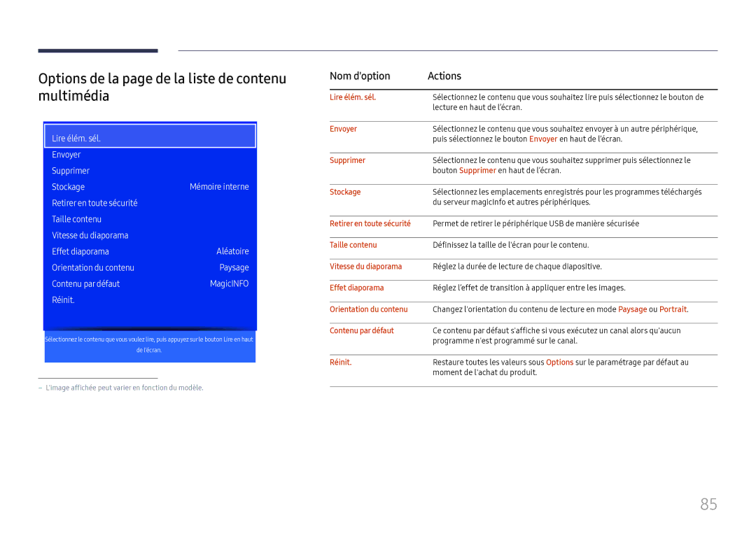 Samsung SBB-SS08FL1/EN manual Options de la page de la liste de contenu multimédia, Nom doption Actions 