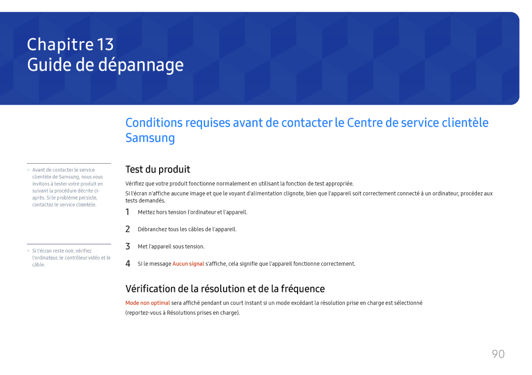 Samsung SBB-SS08FL1/EN manual Guide de dépannage, Test du produit, Vérification de la résolution et de la fréquence 