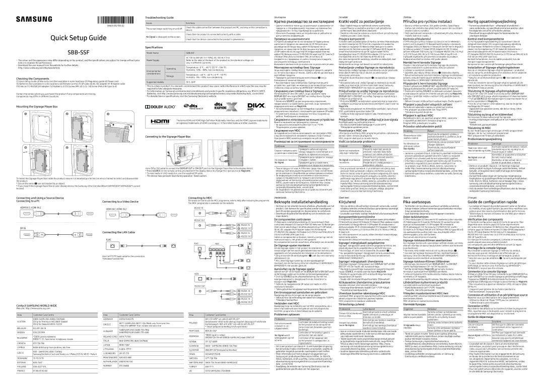 Samsung SBB-SS08FL1/EN manual Kratki vodič za postavljanje, Příručka pro rychlou instalaci, Hurtig opsætningsvejledning 