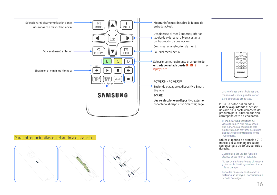 Samsung SBB-SS08FL1/EN Para introducir pilas en el mando a distancia, Volver al menú anterior Usado en el modo multimedia 