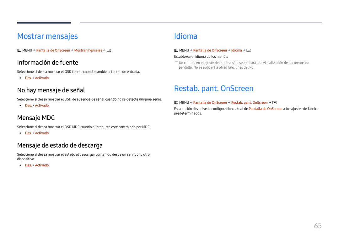 Samsung SBB-SS08FL1/EN manual Mostrar mensajes, Idioma, Restab. pant. OnScreen 