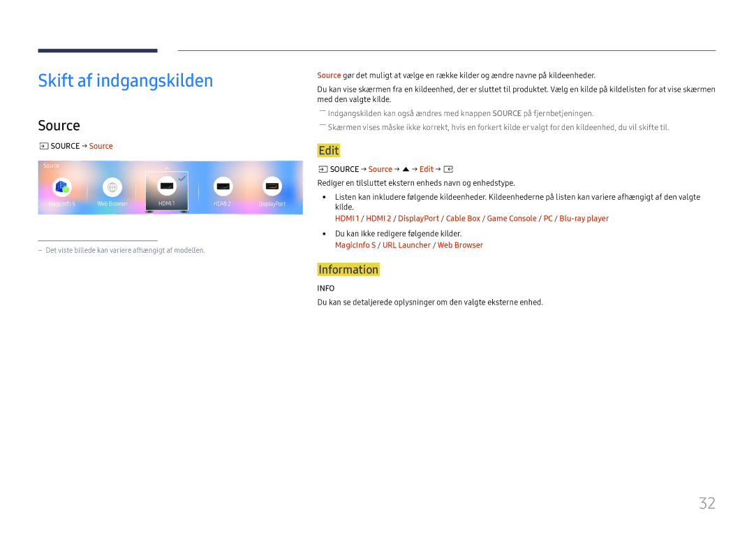 Samsung SBB-SS08FL1/EN manual Skift af indgangskilden, Information, SSOURCE → Source → u→ Edit → E 