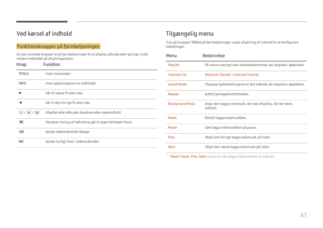 Samsung SBB-SS08FL1/EN manual Ved kørsel af indhold, Tilgængelig menu, Funktionsknapper på fjernbetjeningen, Knap Funktion 