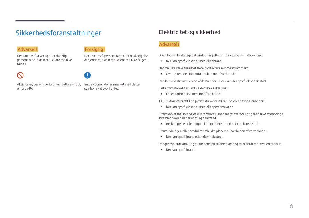 Samsung SBB-SS08FL1/EN manual Sikkerhedsforanstaltninger, Elektricitet og sikkerhed 