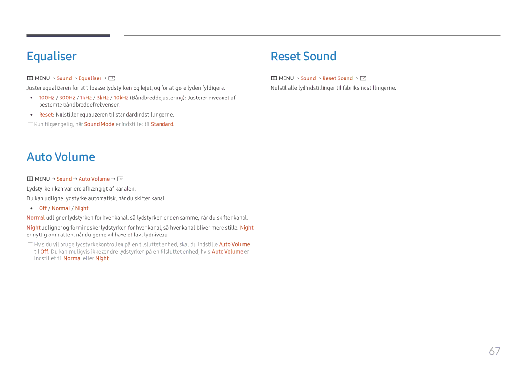 Samsung SBB-SS08FL1/EN Equaliser Reset Sound, Auto Volume, Menu → Sound → Equaliser → E Menu → Sound → Reset Sound → E 