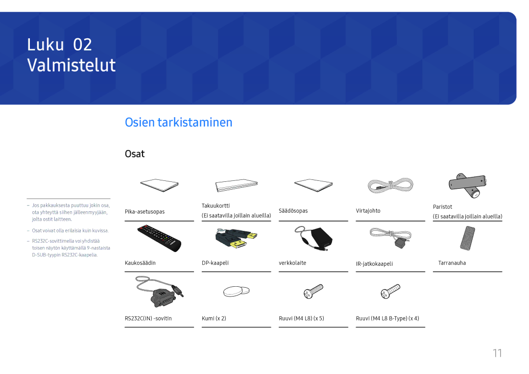 Samsung SBB-SS08FL1/EN manual Valmistelut, Osien tarkistaminen, Osat 