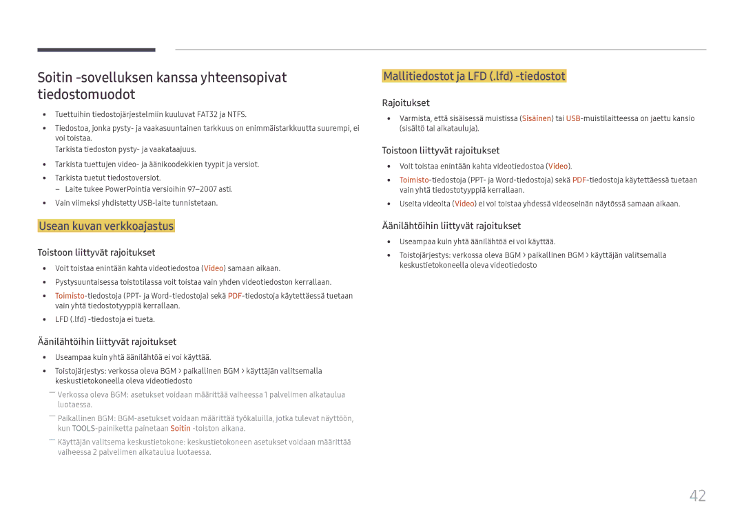 Samsung SBB-SS08FL1/EN manual Soitin -sovelluksen kanssa yhteensopivat tiedostomuodot, Usean kuvan verkkoajastus 