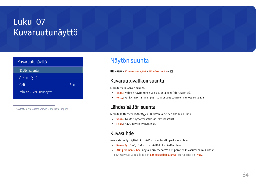 Samsung SBB-SS08FL1/EN manual Kuvaruutunäyttö, Näytön suunta, Kuvaruutuvalikon suunta, Lähdesisällön suunta, Kuvasuhde 