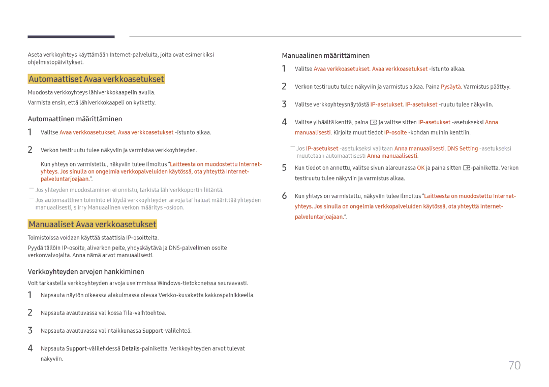 Samsung SBB-SS08FL1/EN manual Automaattiset Avaa verkkoasetukset, Manuaaliset Avaa verkkoasetukset, Palveluntarjoajaan 