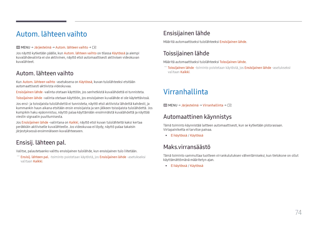 Samsung SBB-SS08FL1/EN manual Autom. lähteen vaihto, Virranhallinta 