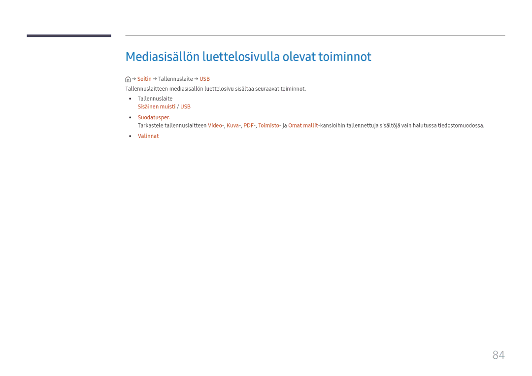 Samsung SBB-SS08FL1/EN manual Mediasisällön luettelosivulla olevat toiminnot, Sisäinen muisti / USB Suodatusper Valinnat 