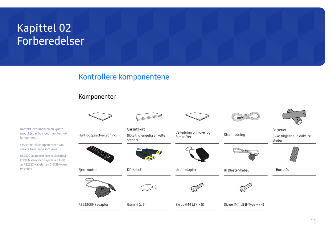 Samsung SBB-SS08FL1/EN manual Forberedelser, Kontrollere komponentene, Komponenter, Forskrifter 