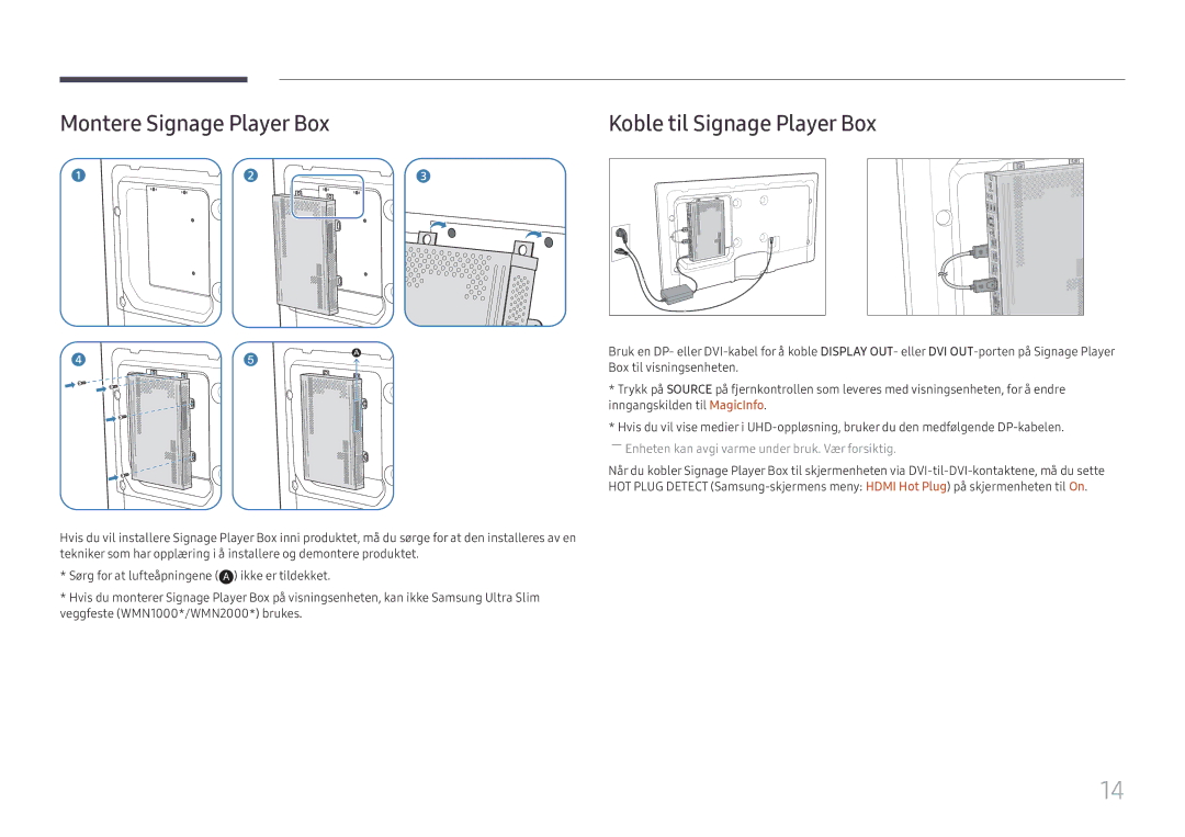Samsung SBB-SS08FL1/EN manual Montere Signage Player Box Koble til Signage Player Box 